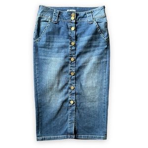 New York & Company Blue Denim Jean Button Front Knee Length Midi Skirt Size 0